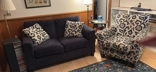 Navy Blue Loveseat and Floral Armchair Set