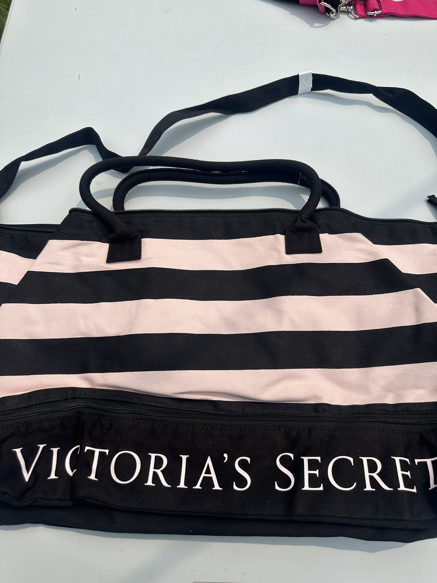 Victoria's Secret Expandable Weekender Tote Bag Pink/Black Stripe Shoulder Strap