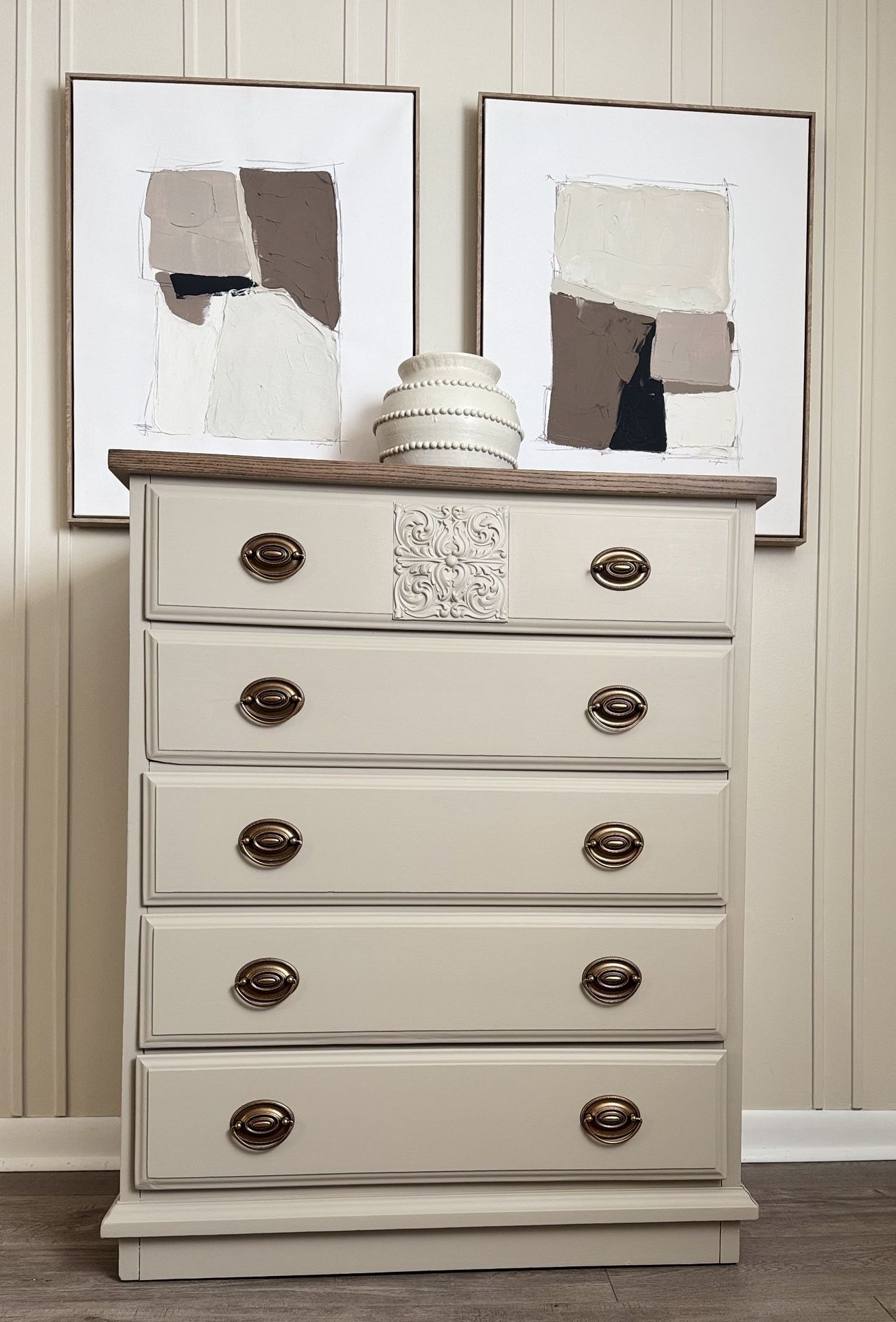 Tallboy 5 drawer dresser, neutral cream color