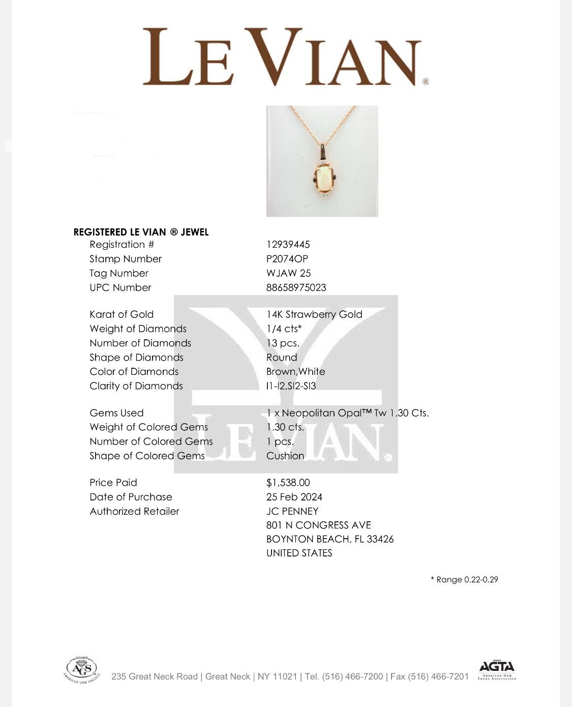 LEVIAN Neopolitan Opal™ white chocolate Diamond Pendant Necklace