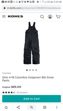 NWOT UNISEX COLUMBIA WITH OUTGROW SYSTEM BIB SNOW PANTS SIZE XS 6/7