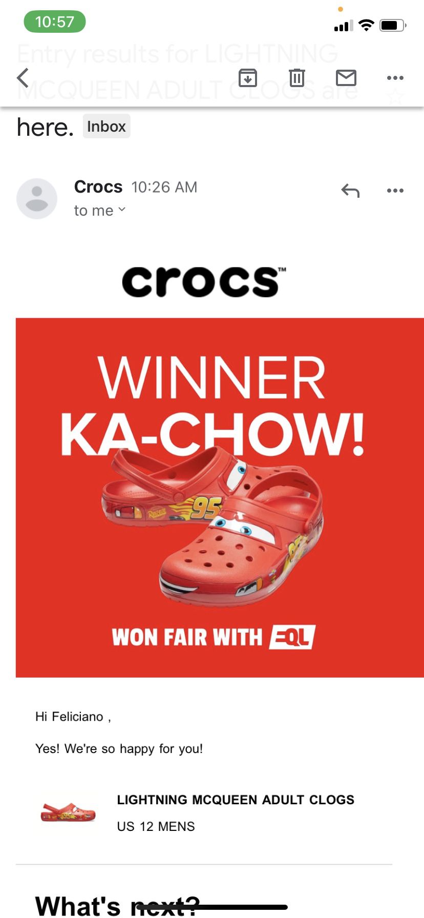 The raffle for the Lightning McQueen Crocs in men's sizing is now