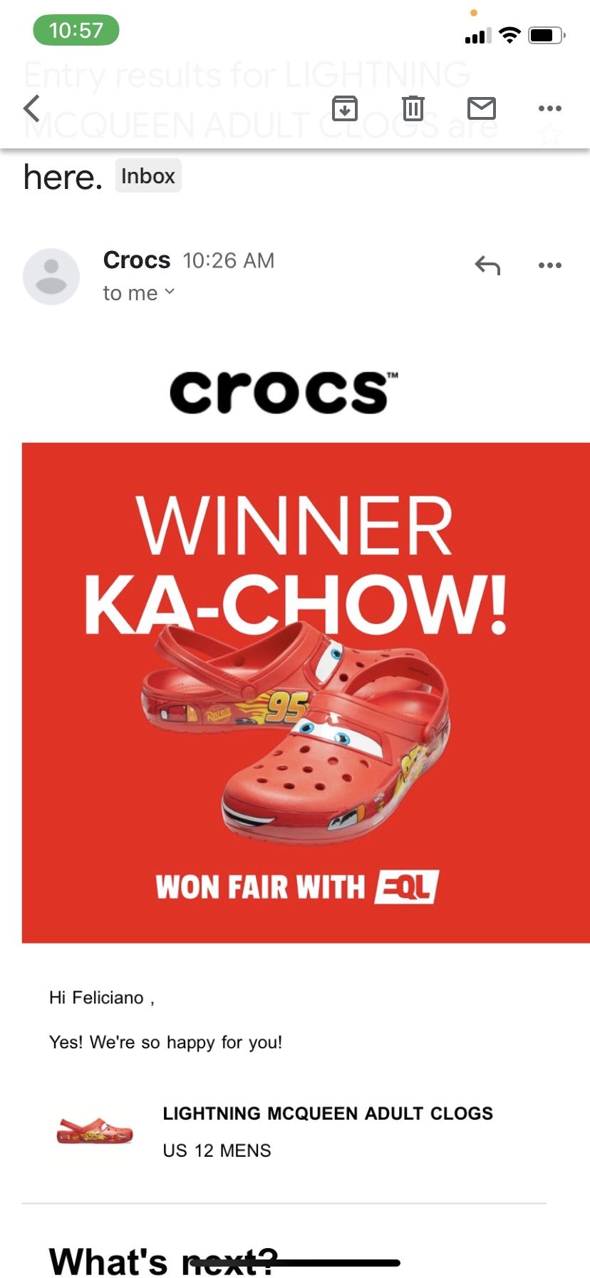 The raffle for the Lightning McQueen Crocs in men's sizing is now