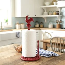 Cast Iron Red Rooster Paper Towel Holder Stand Country Kitchen Farmhouse Decor Nice!