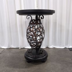 Round Black Metal and Wood Pedestal Accent Table