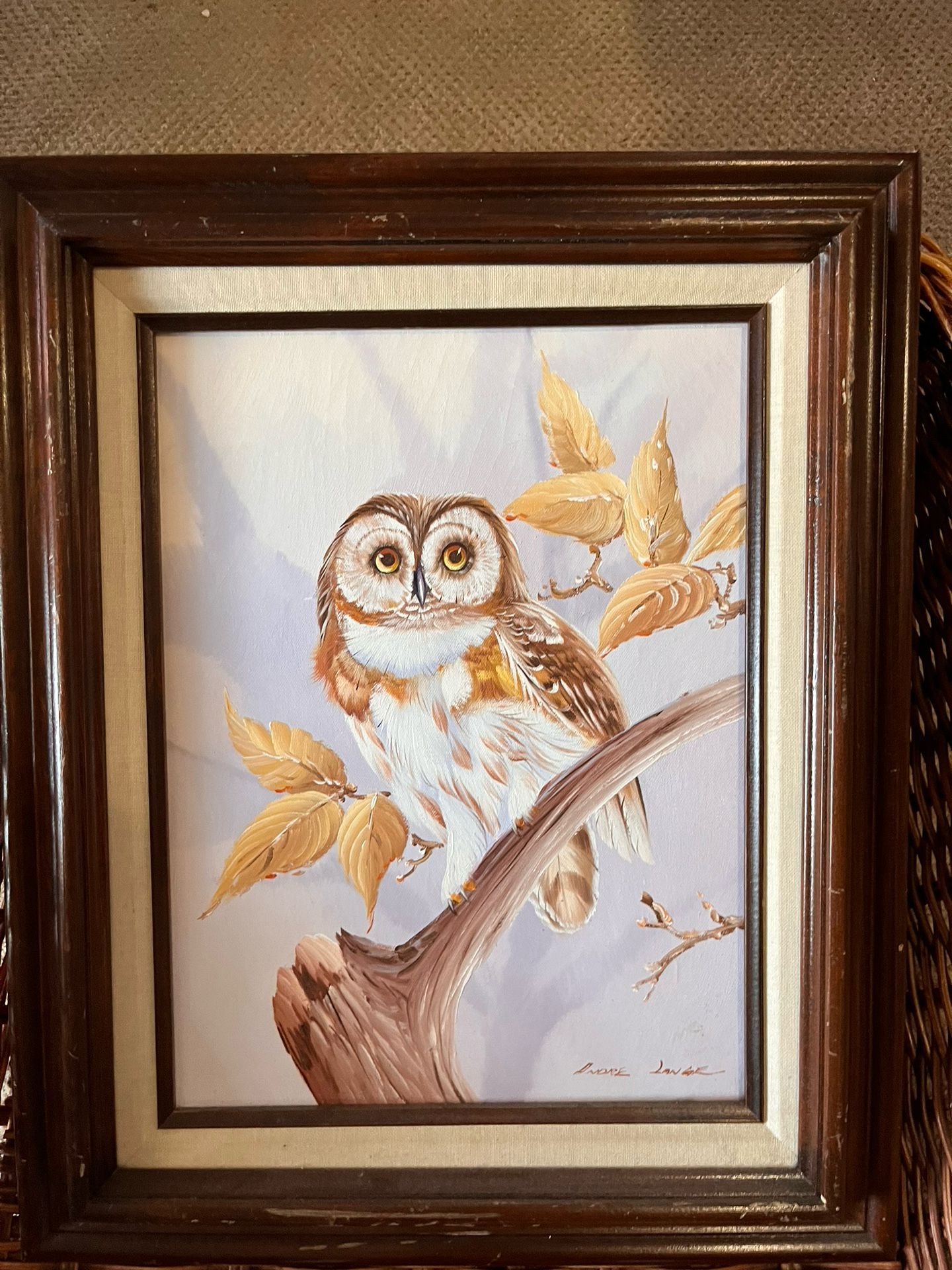 Vintage Oil Painting Owl on Branch Foliage Framed Andre Lange Signed