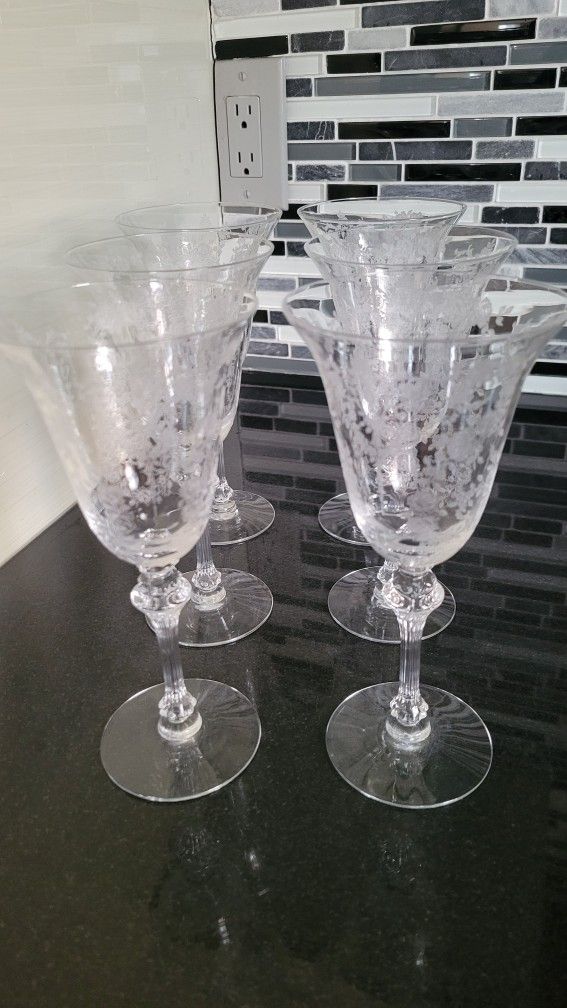 Vintage Tiffin-Franciscan Cherokee Rose crystal glassware 6 water goblets, wine glasses. 1941'-66'.