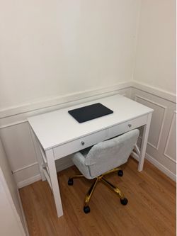 Modern White Desk & Corduroy Office Chair Set