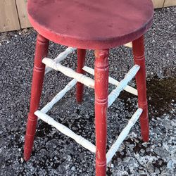 Primitive Vintage Tall Chippy Paint Stool Red/White