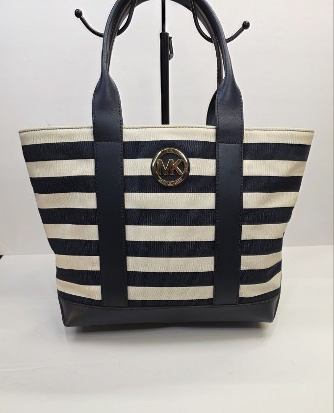 MICHAEL KORS MK Fulton Canvas Navy & White Striped Canvas Medium Tote