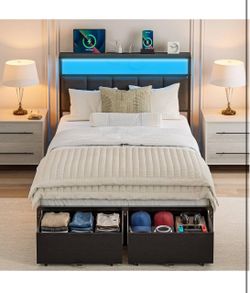 Twin Bed Frame with 2 Storage Drawers, Grey Upholstered Headboard with Charging Station and LED Lights, Metal Platform Bed with Storage Shelf, Noise F