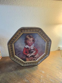 Vintage Biscuit Cookie Tin Gold Octagonal Double Sided Victorian Boy And GirlVintage Biscuit Cookie Tin Gold Octagonal Double Sided Victorian Boy And 