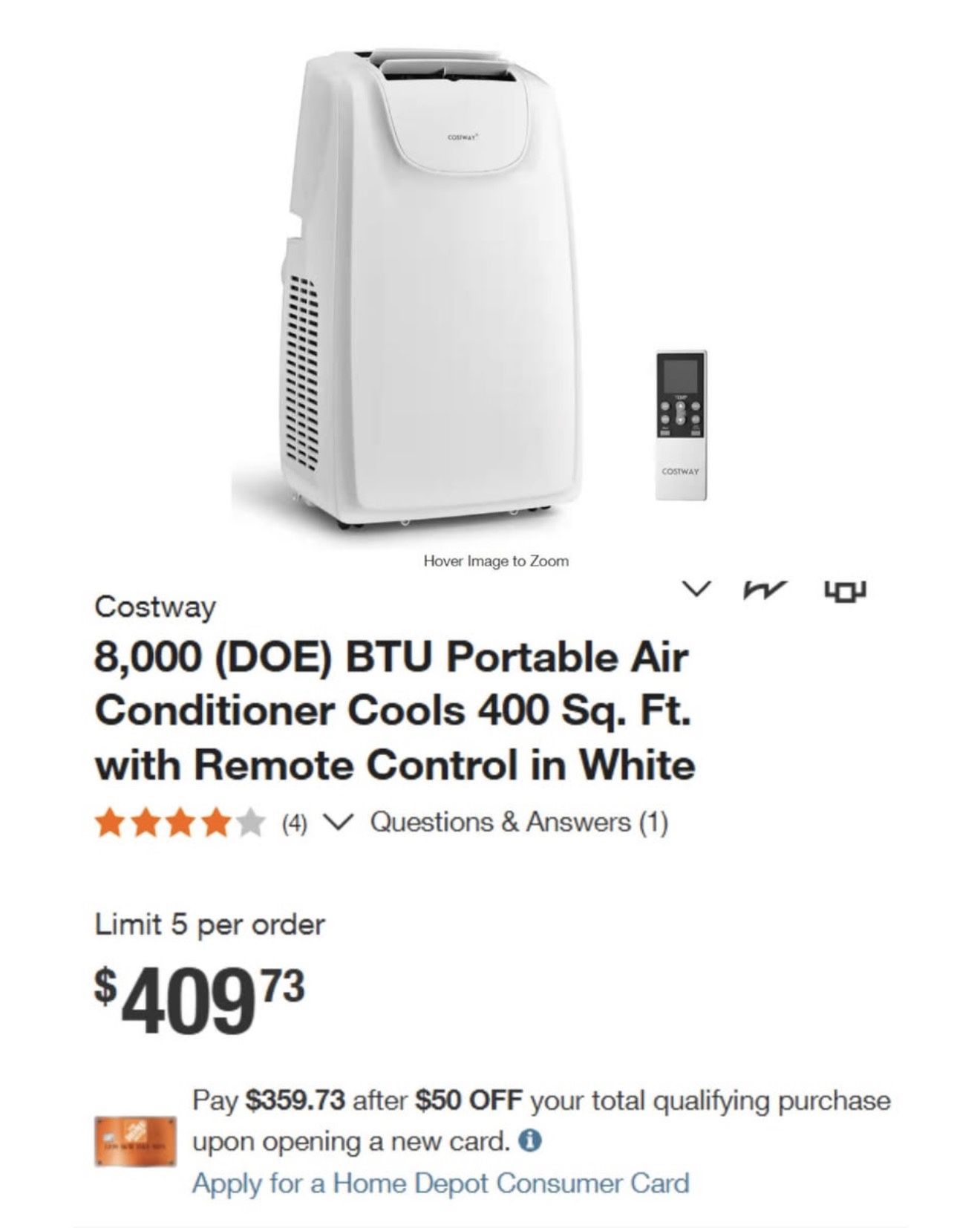 8,000 (DOE) BTU Portable Air Conditioner Cools 400 Sq. Ft. with Remote Control in White