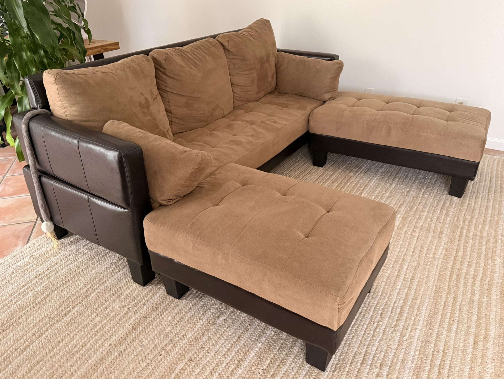 Brown 3-Seater Sofa with Chaise & Cushions
