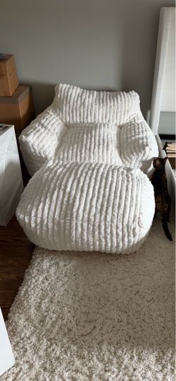 Oversized Beige Bean Bag Chaise Lounge Chair with Ottoman