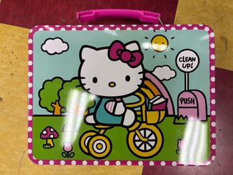 Hello Kitty Metal Lunchbox Tin w/ Handle, Pink Polka Dot, Window Lid