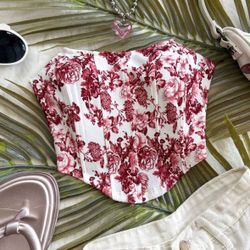 Red Bustier Bodysuit with Floral Elegance