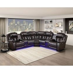 Brand New Dark Brown Synthetic Leather 3-Piece Power Reclining Sectional with Consoles, Speakers, Subwoofer and LED Lighting 