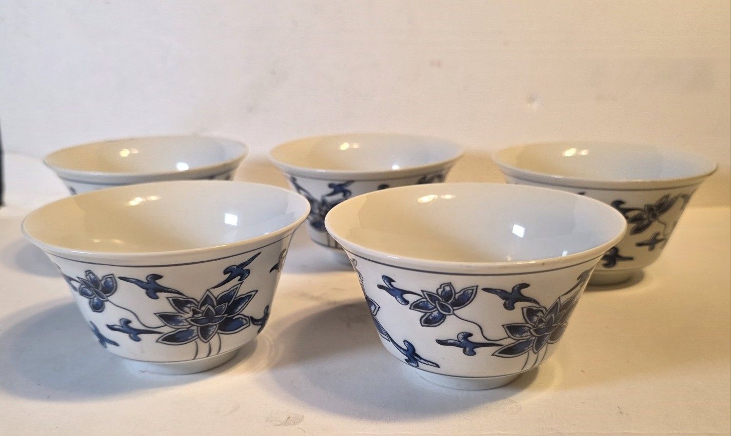 Set Of (5) Individual Rice Bowls  Porcelain Cobalt Blue Floral