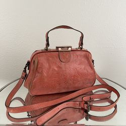 PATRICIA NASH Coral Pink Orange Leather Floral Embossed Gracchi Satchel Purse