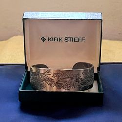 KIRK STIEFF Pewter Cuff Bracelet 2-1/2" Across Floral Design