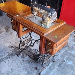 Antique 'Domestic' Sewing Table - Incredible Oak & Cast Iron Piece