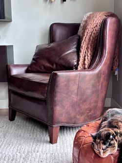 Full Grain Leather Wingback Armchair with Nailhead Trim