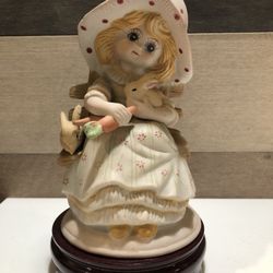 VINTAGE Bisque Girl In Bonnet w/Rabbit & Carrots w/Stand Figurine Decor