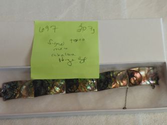 Vintage Signed Sterling Silver Abalone Inlay Hinged Bracelet