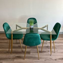 Glass Dining Table And 4 Green Kitchen Chairs
