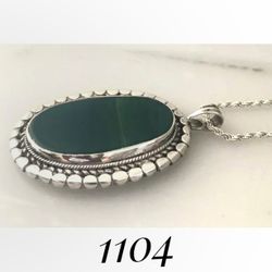 24" x 3mm Solid Sterling Silver MILOR Rope Chain w Lg. 55mm x 32mm Handmade NAVAJO Malachite Pendant