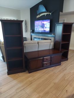Dark Wood Entertainment Center with Bookcases
