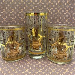 CULVER Set of 3 Egyptian Pharoah Double Old Fashioned  22K Gold & Etched Glass