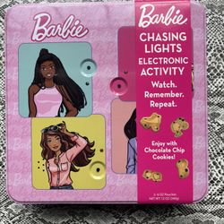 Barbie CHASING LIGHTS ELECTRONIC ACTIVITY memory game in metal tin with cookies