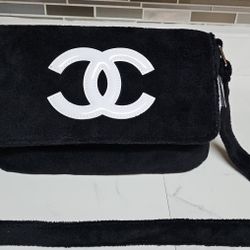 Chanel Precision Novelty Terry Cloth Messenger Shoulder Black CoCo Mark Handbags