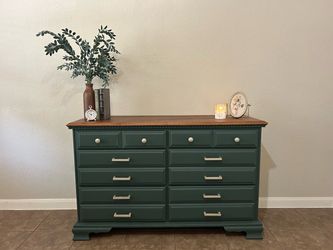 Classic 6-Drawer Wood Dresser | Dark Green + Warm Wood Top