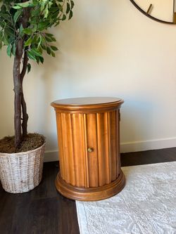Vintage Round Wood Drum Cabinet Side Table
