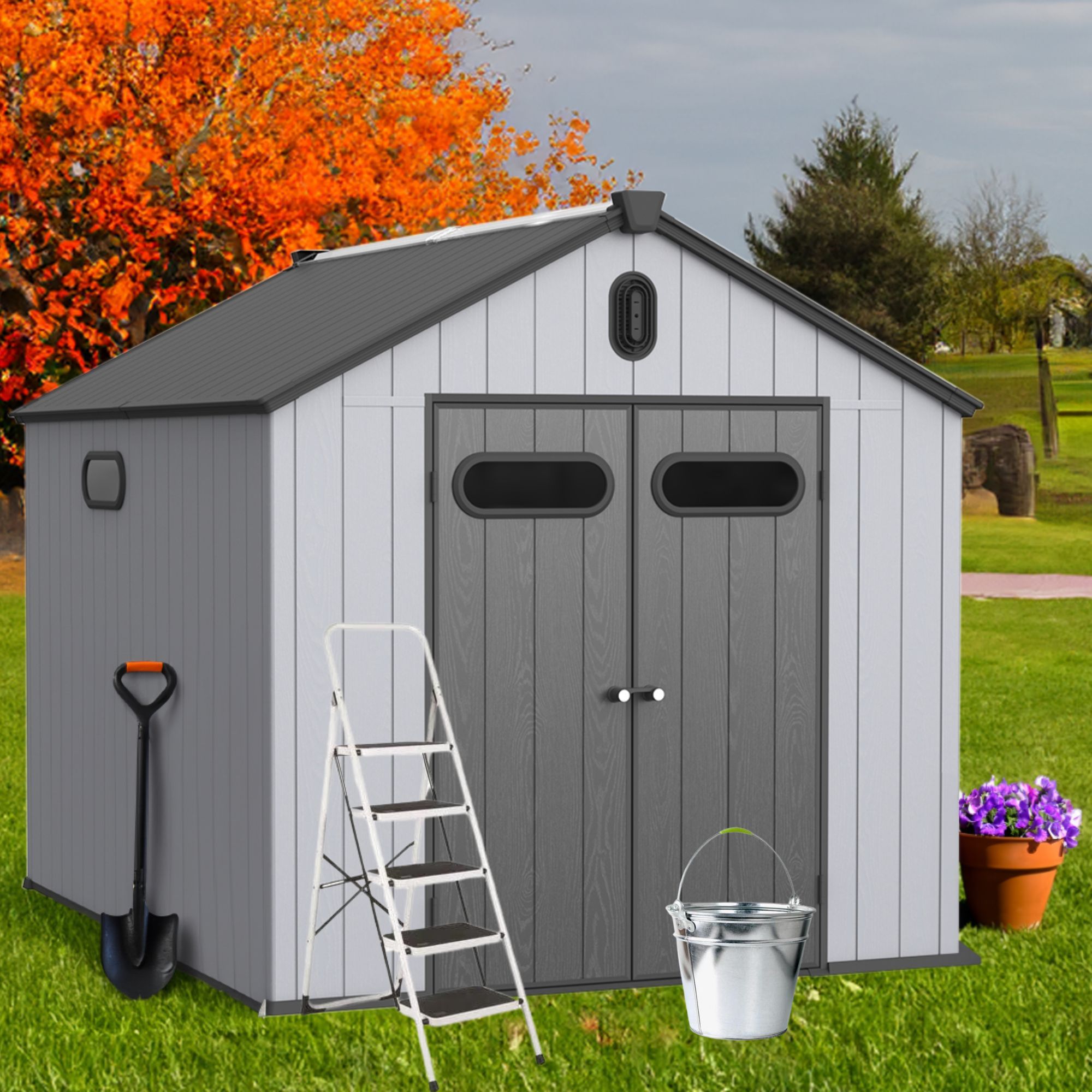 XWT013-1 8*10ft resin plastic storage shed for backyard garden big spire Tool storage