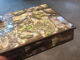 Vintage Inlaid Abalone Shell Square Brass Jewelry / Trinket Box Mother of Pearl