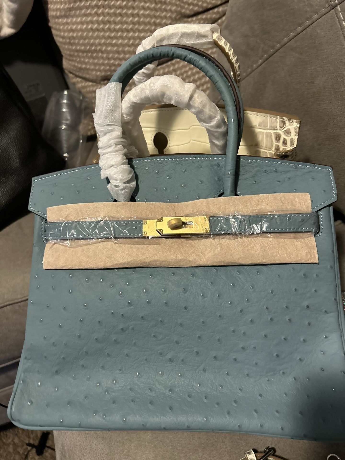 New Blue Ostrich Bag In Gold Hardware