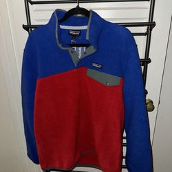 Patagonia Synchilla Pullover Mens Medium Blue Red Snap T Fleece Lightweight