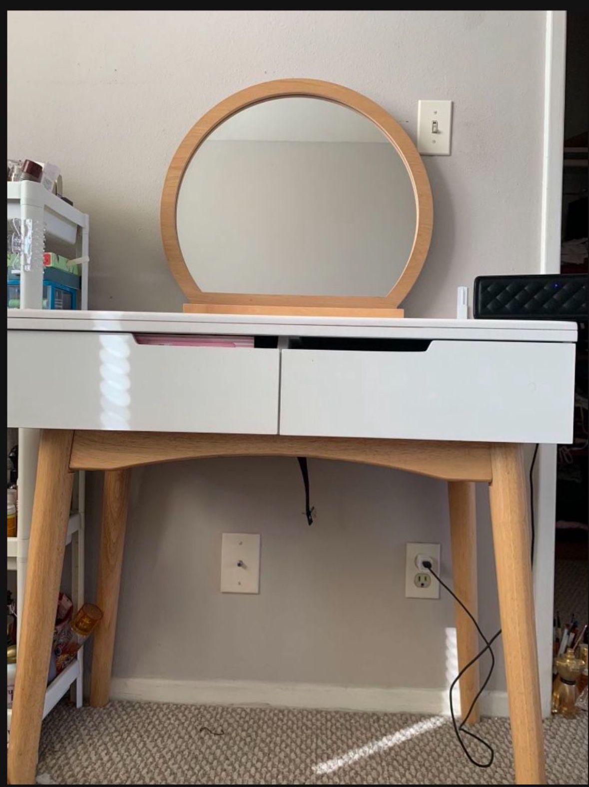 White Vanity Desk With Mirror And Chair 