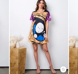 SHORT SLEEVE TUNIC GRAPHIC MULTI PRINT MINI DRESS