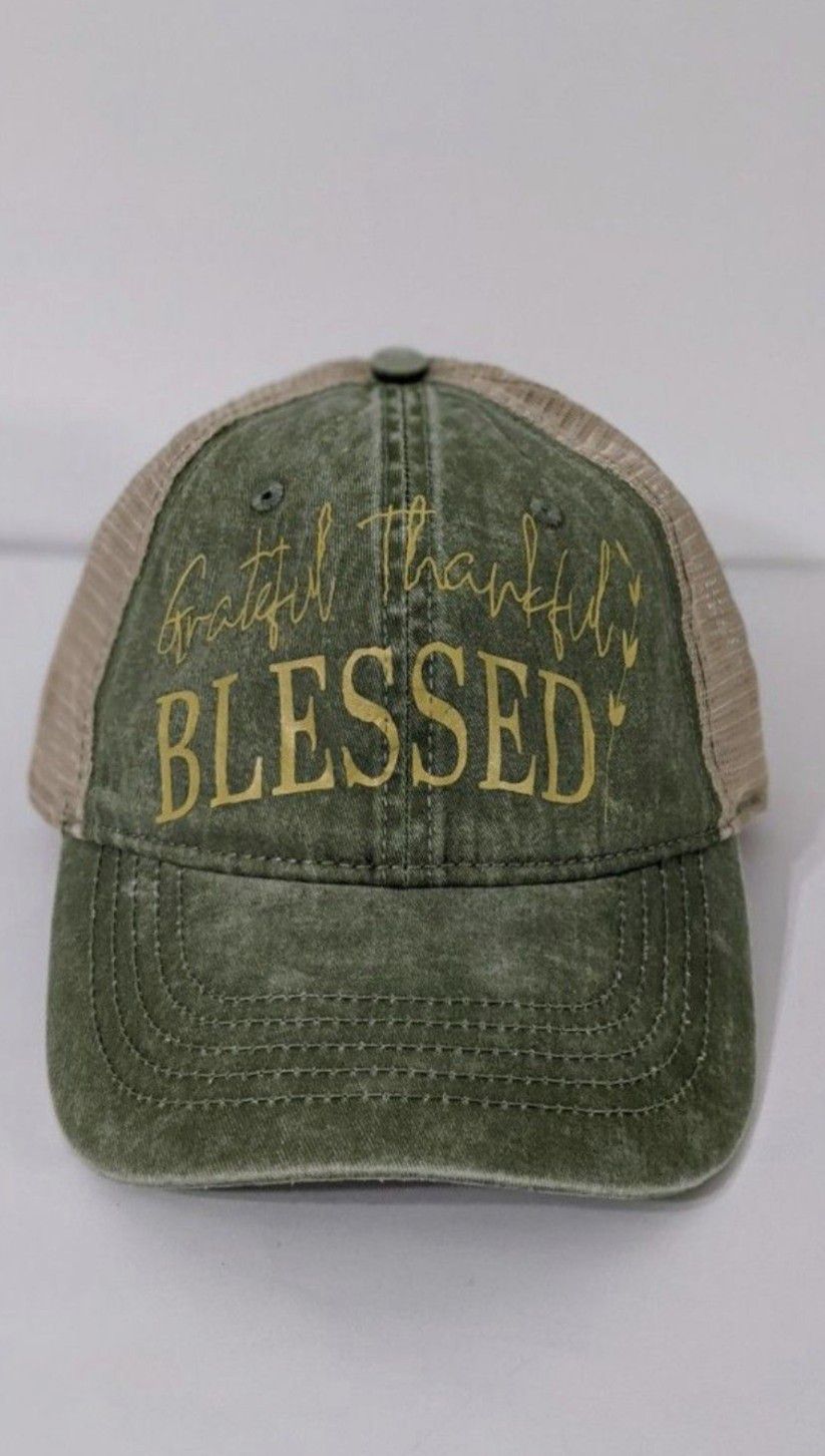Grateful Thankful Blessed Gold Terrace Green Ladies Washed Mesh Twill Ball Cap