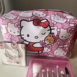 Hello Kitty Makeup Bag, Makeup Brushes, and Hand Mirror