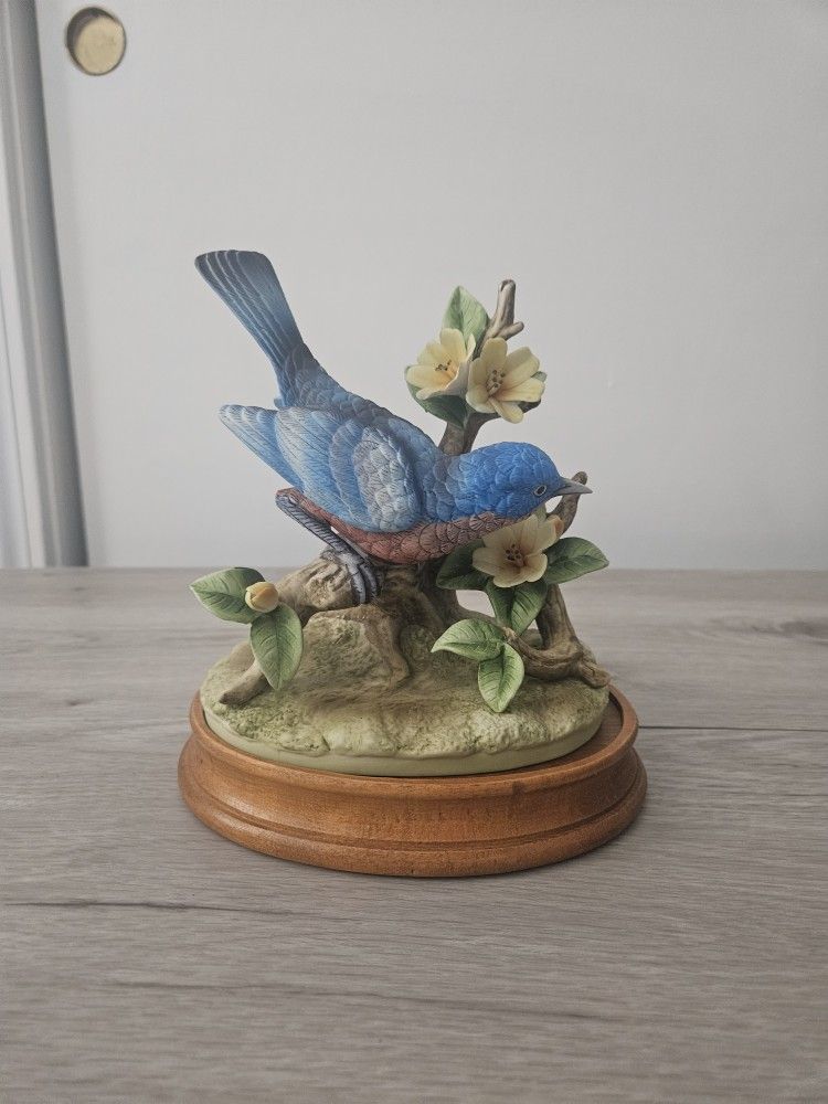 Vintage Andrea by Sadek -  Bluebird perched on Flowering Branch on a Wooden Base
