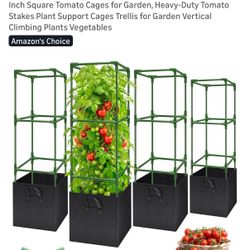 Legigo 4 Pack Tomato Cages with 17 Gallon Grow Bags- 47 Inch Square Tomato Cages for Garden, Heavy-Duty Tomato Stakes Plant Support Cages Trellis for 