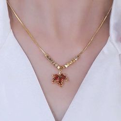 Red Maple Leaf Pendant Necklace with Gold Plated Zircons