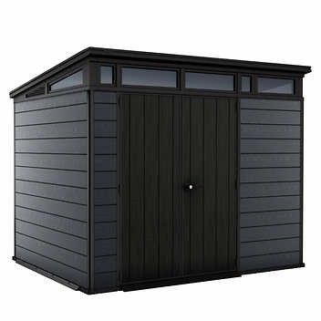 Large Outdoor Storage Shed, Keter Cortina 9x7 Foot with Floor and Modern Design for Patio Furniture, Lawn Mower, Tools, and Bike Storage, Black