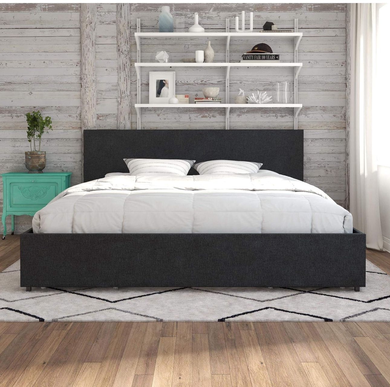 BRAND NEW Novogratz Kelly Bed with Storage, King, Dark Gray Linen
